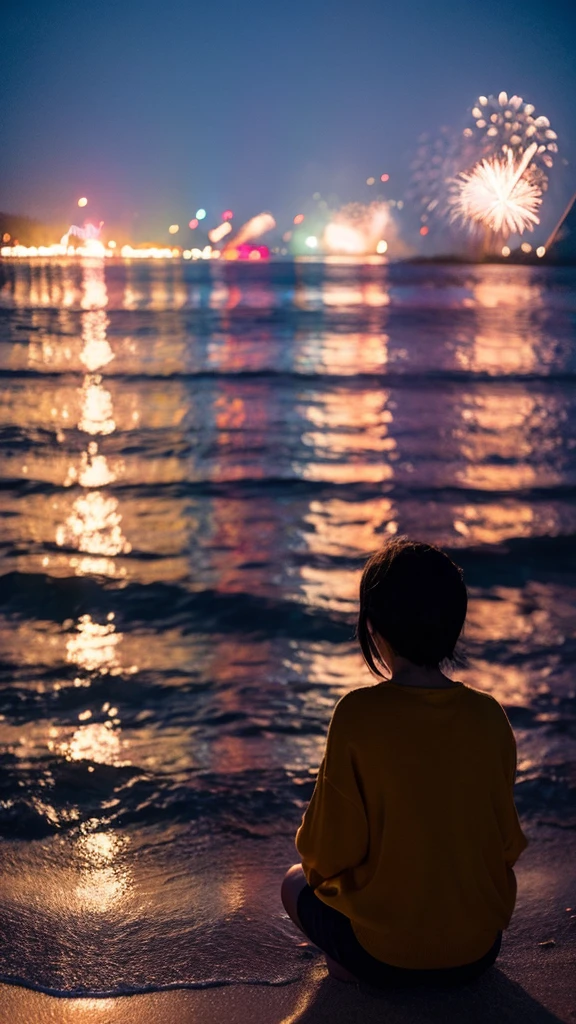 On a sandy beach in Japan on a summer night、Sitting on the sand、Two Japanese men and women watching fireworks。His back is turned towards me。Men and women in their late 20s,
Detailed、8K、Works by professional photographers、wallpaper、Detailed Characters、detailed background、detailedLight、Delicate lighting、Nostalgic atmosphere、Film-like photo. The surroundings are dark, but the light from the fireworks spreads beautifully. Fireworks are golden。There are no fireworks on the ground。 Fireworks reflecting off the beach,No text