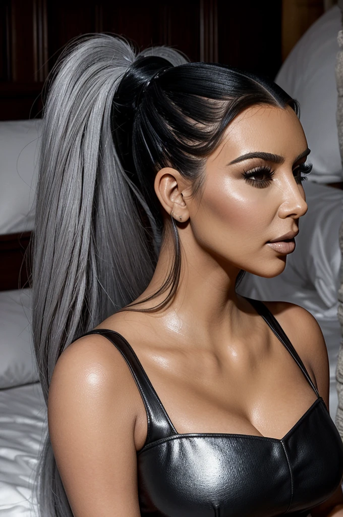 Kim Kardashian very gothic in the bed with silver hair and very high ponytail