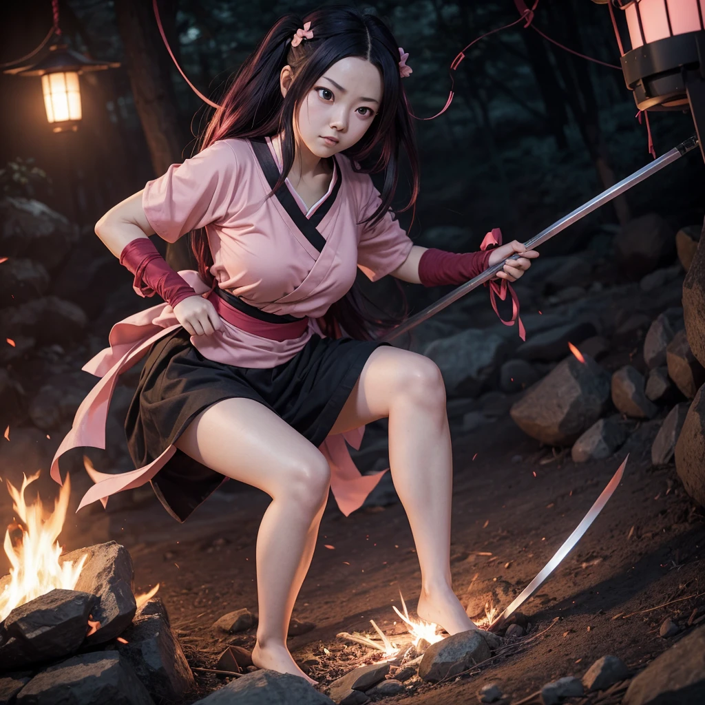 full body angle, realistic photography, canon EOS 5D, Japanese animation Demon Slayer, Nezuko Kamado, Pale Pinkeyes, black andred hair, pink flare is wrapped around my body, I'd like to transform it into a real person, live-action style, set in a realistic environment