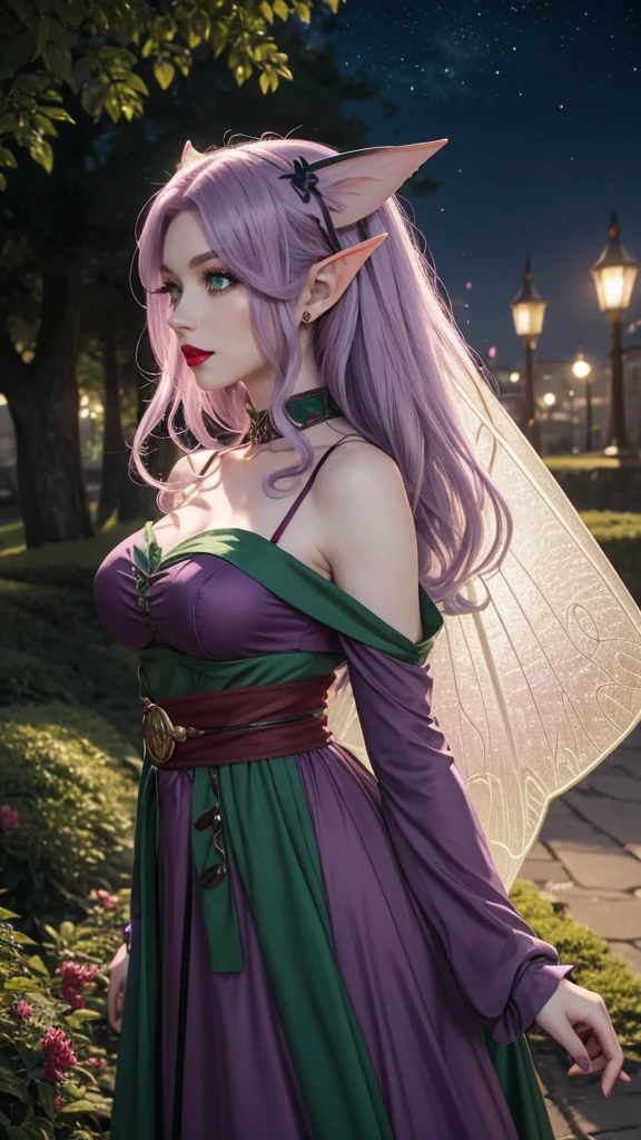 Irish woman, anime, modest, beautiful, high quality, night, 8k, long waist length light pale purple hair, green eyes, red lips, eyelashes, 1209 century dress, elf ears, large fairy wings
