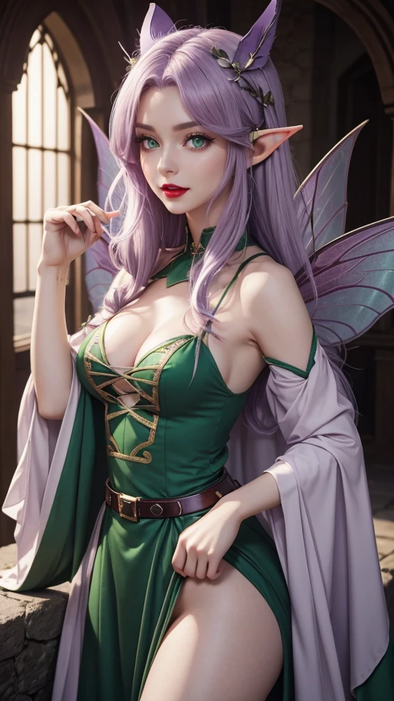 Irish woman, anime, modest, beautiful, high quality, night, 8k, long waist length light pale purple hair, green eyes, red lips, eyelashes, 1209 century dress, elf ears, large fairy wings