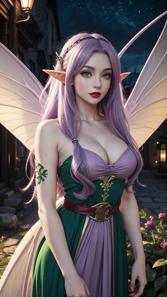 Irish woman, anime, modest, beautiful, high quality, night, 8k, long waist length light pale purple hair, green eyes, red lips, eyelashes, 1209 century dress, elf ears, large fairy wings