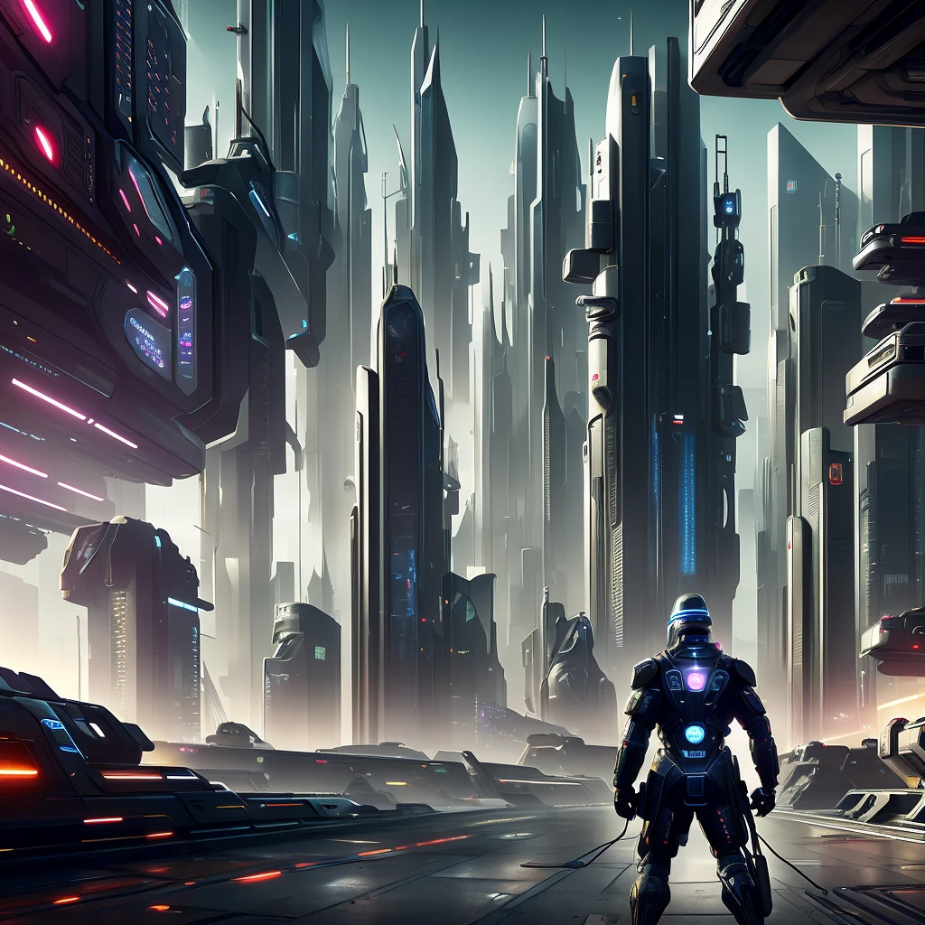 City of the cyber future in the style of Gouves, high quality computer graphics, several characters, complex scenes, full of competitive atmosphere, emphasizing futurism and technology, full of color, rich details, hard lines, and desperate expressions of characters