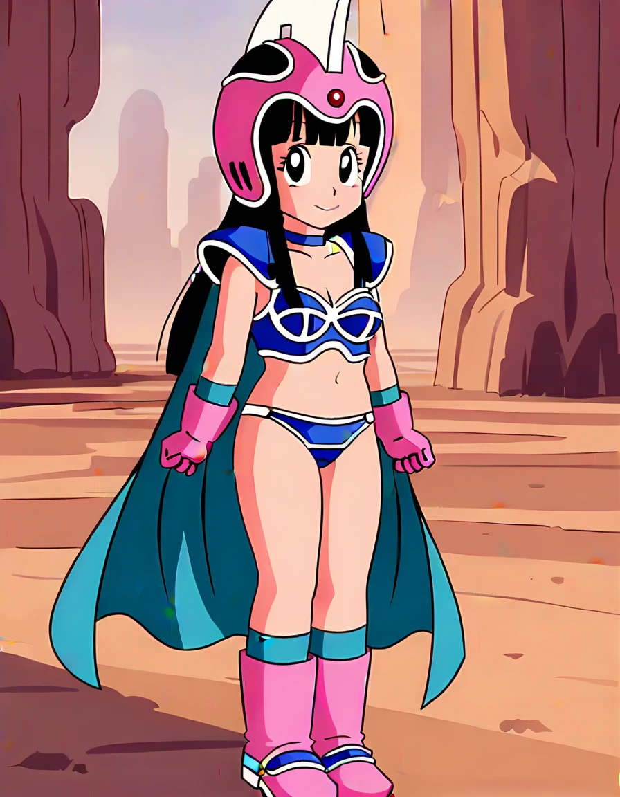 nsfw:1.4,sauce_anime, score_9, score_8_superior, score_7_superior, anime screencap,8K, Absurd,
Who is who?, Dilapidated, woman 1人のwoman, alone, Long Hair, Blunt bangs, smile, Black Hair,  Iris, 
pink headwear, boots, blue choker, armor, helmet, shoulder armor, pauldrons, pink footwear, bikini armor, pink gloves, green cape, shoulder pads, socks, green legwear, green armwear, two tone footwear, collarbone, blue bikini, bikini bottom only