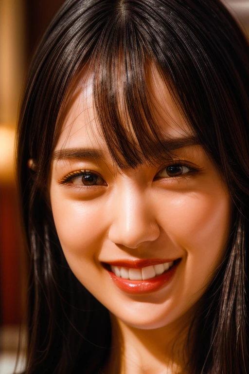 (realistic, photo-realistic:1.4), (masterpiece, best quality:1.2), RAW photo, high resolution, intricate details, extremely detailed, realistic and sharp details, cinematic lighting, portrait, face focus, frontal photography, solo, 1girl, a 22 years old Japanese woman, dark hair, (straight hair, blunt bangs), thin body, detailed face, detailed eyes, sophisticated nose, pale skin, collarbone, smaller breasts, flat chest, (cheerful grin, smile, parted lips), photo background, indoors,,,