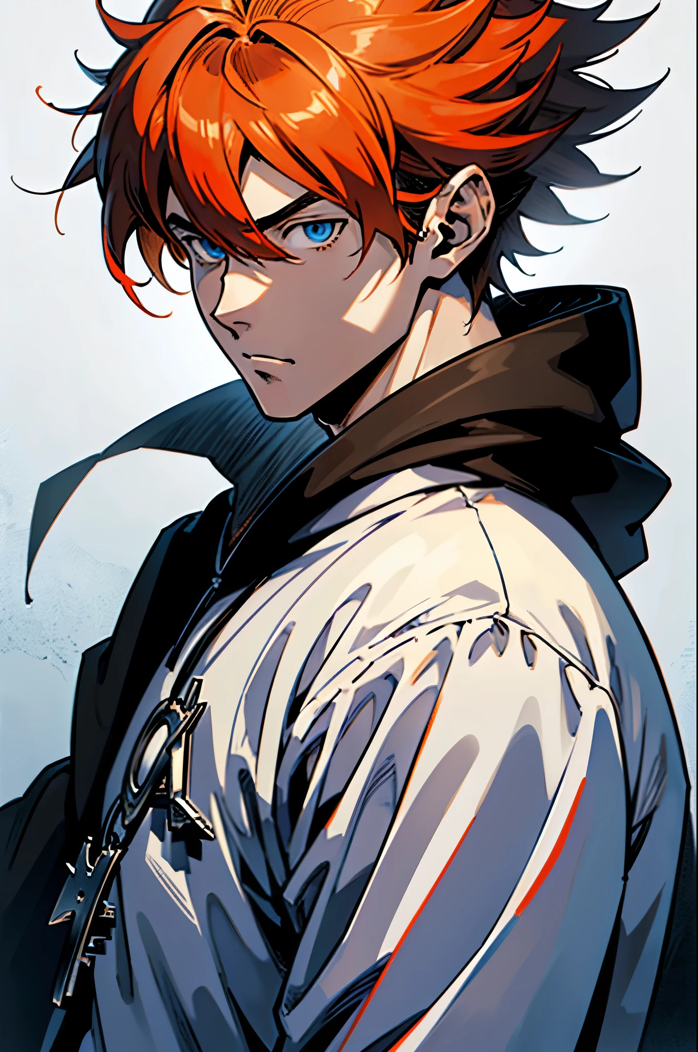 (Best Quality:0.8), (Best Quality:0.8), perfect anime illustration, anime boy with black hoodie and orange hair and blue eyes, a character portrait inspired by Kentaro Miura, tumblr, what is?, kentaro miura manga art style, orange hair anime boy, KenTaro Miura art style, handsome boy in Demon Slayer art, kentaro miura manga style, KenTaro Miura art, kentaro miura style, a character portrait inspired by Sakai Hōitsu, trend on pixiv, what is?, handsome boy in Demon Slayer art, anime key art, Romantic, genshin impact zhongli, Nagito komaeda, anime key images., male anime character