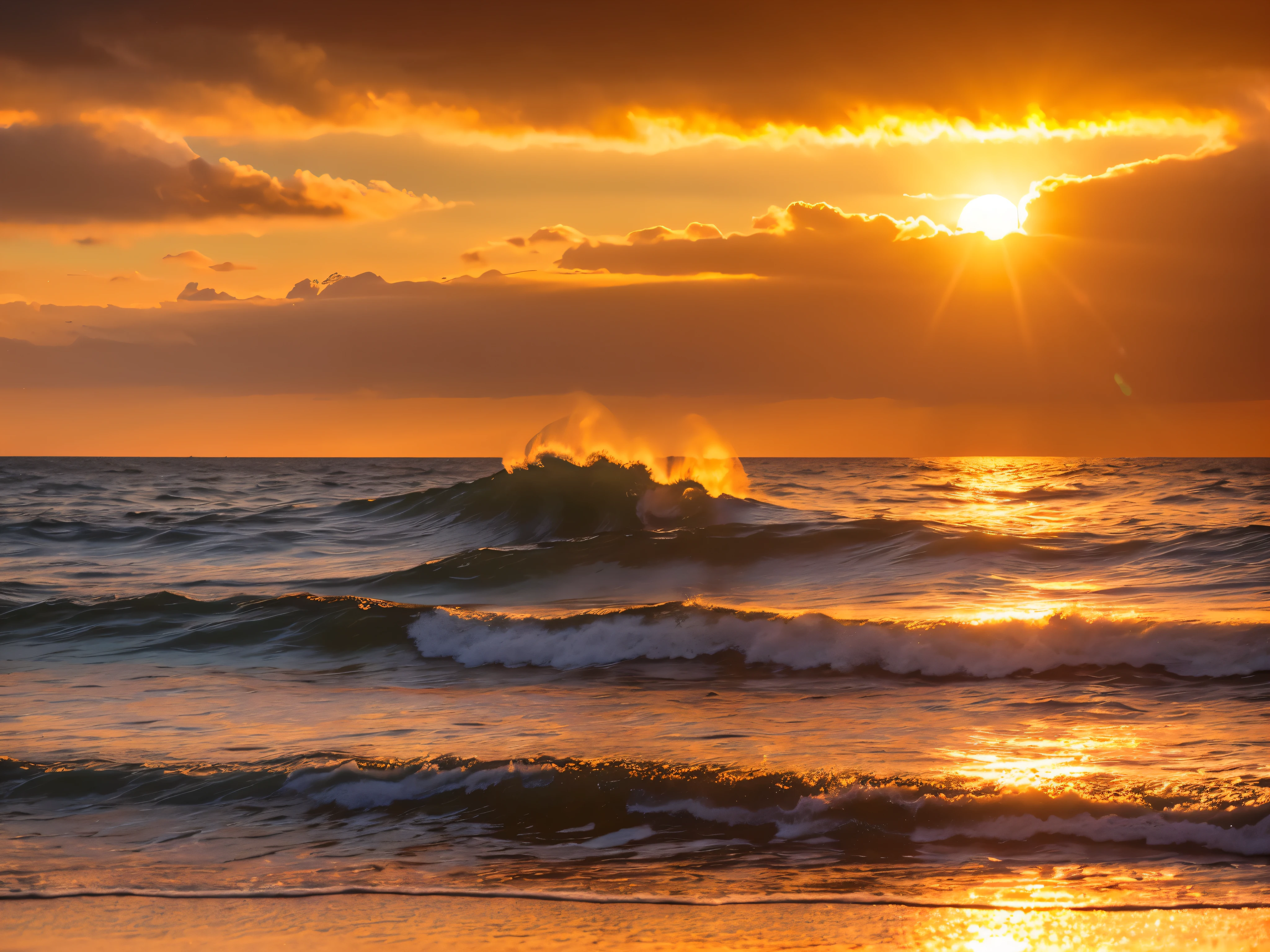 sunset over the sea, beautiful dramatic sky, sun setting over the ocean, waves crashing on the shore, sandy beach, rocks, seagulls flying, warm golden light, vibrant colors, (best quality,4k,8k,highres,masterpiece:1.2),ultra-detailed,(realistic,photorealistic,photo-realistic:1.37),landscape, cinematic,dramatic lighting,vivid colors,highly detailed