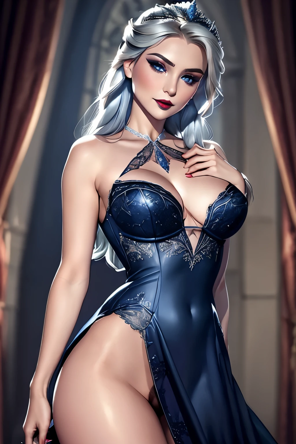 Elsa in a provocative open dark blue dress with silver lace, NSFW, provocative appearance, nipples visible, dark red lipstick, smokey eyes, riding crop in hand