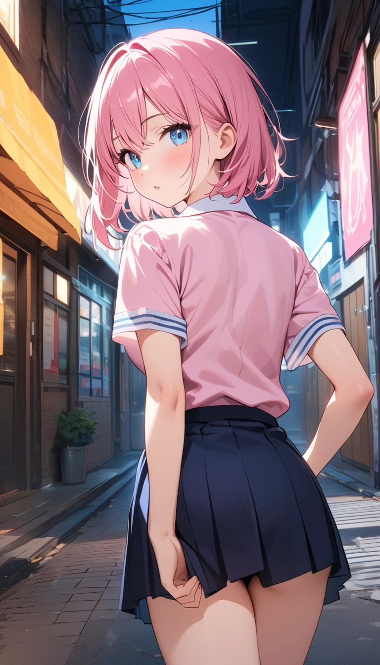 (Best Picture Quality, 8K, Masterpiece:1.3),(high school student:1.5), (pink medium hair), (Bedhead), (slant skyblue eyes), ((school uniform, short simple sleeve shirt, darkblue skirt, pink tie)), (super clear:1.5), (city ​​alley Setting),(running:1.3),((looking back:1.3)),(back shot:1.3),(upper body).