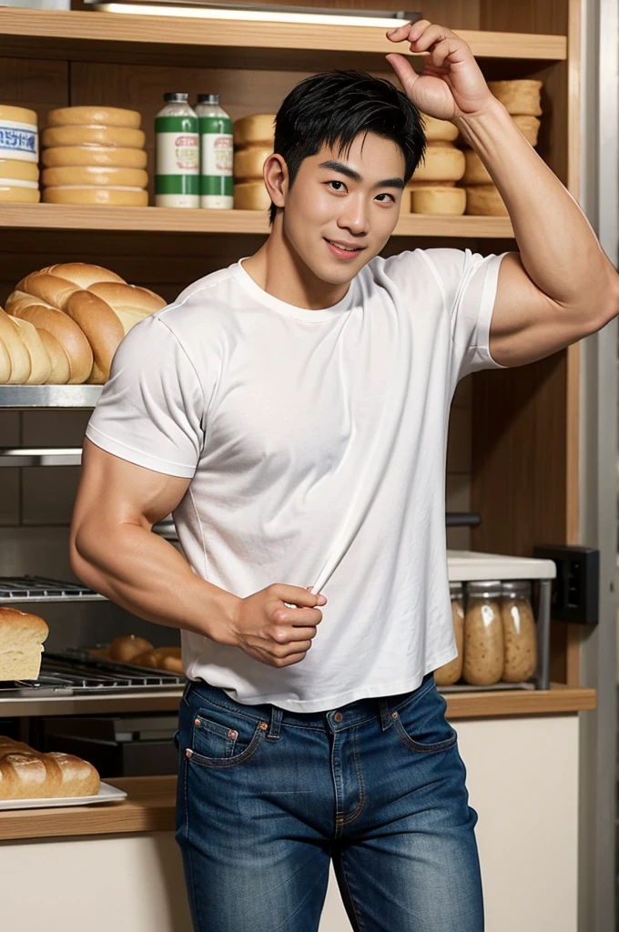 30 years old, Big eyes, Chinese man, stubble, White finger, Big muscles, exaggerated muscles, mature man, Swollen muscles, bodybuilding physique, chest muscles, abdomen, in a bakery, lots of bread, short sleeve,baker, jeans, natural light, wet, Wheat color skin, 1 person, Standing, mouth open, smiling