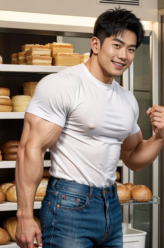 30 years old, Big eyes, Chinese man, stubble, White finger, Big muscles, exaggerated muscles, mature man, Swollen muscles, bodybuilding physique, chest muscles, abdomen, in a bakery, lots of bread, short sleeve,baker, jeans, natural light, wet, Wheat color skin, 1 person, Standing, mouth open, smiling