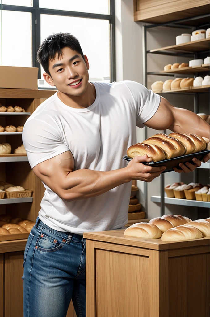 30 years old, Big eyes, Chinese man, stubble, White finger, Big muscles, exaggerated muscles, mature man, Swollen muscles, bodybuilding physique, chest muscles, abdomen, in a bakery, lots of bread, short sleeve,baker, jeans, natural light, wet, Wheat color skin, 1 person, Standing, mouth open, smiling