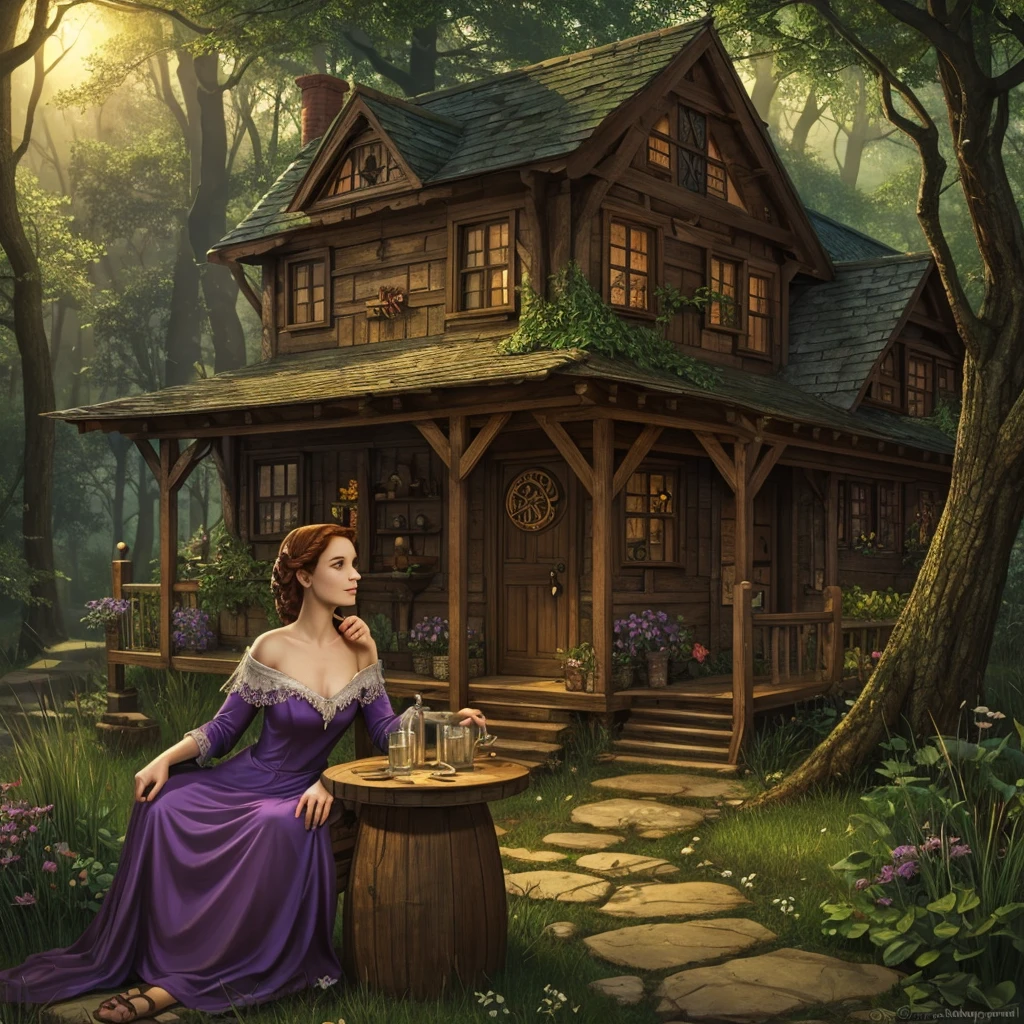 illustration for a fairy tale about an evil witch, who brews a potion in her old house in the forest