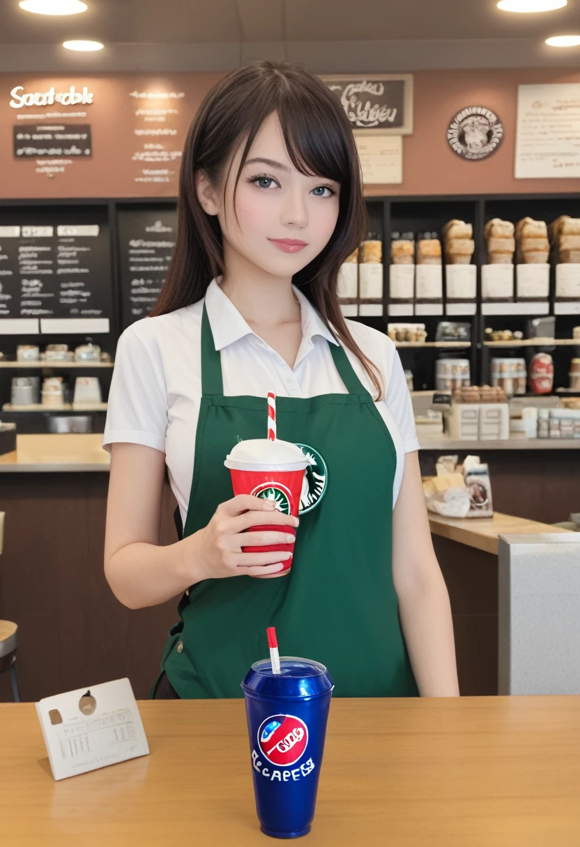 College student drinking a Pepsi Cola inside a Starbucks store.,リアル