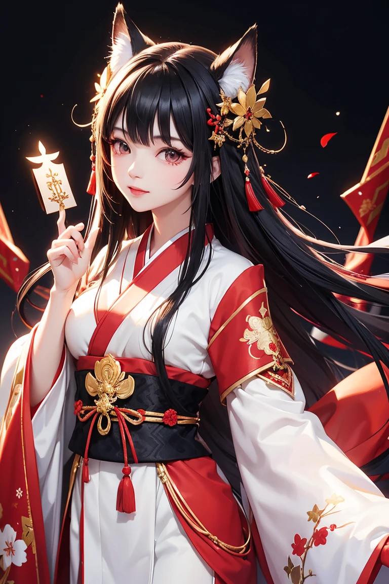 Highest quality、A woman in her 20s with black hair、Sacred vermilion and white kimono、Fox Mask、hair ornaments、Background is gold