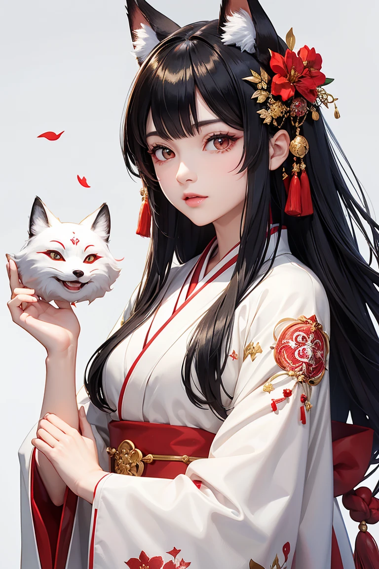Highest quality、A woman in her 20s with black hair、Sacred vermilion and white kimono、Fox Mask、hair ornaments、Background is gold