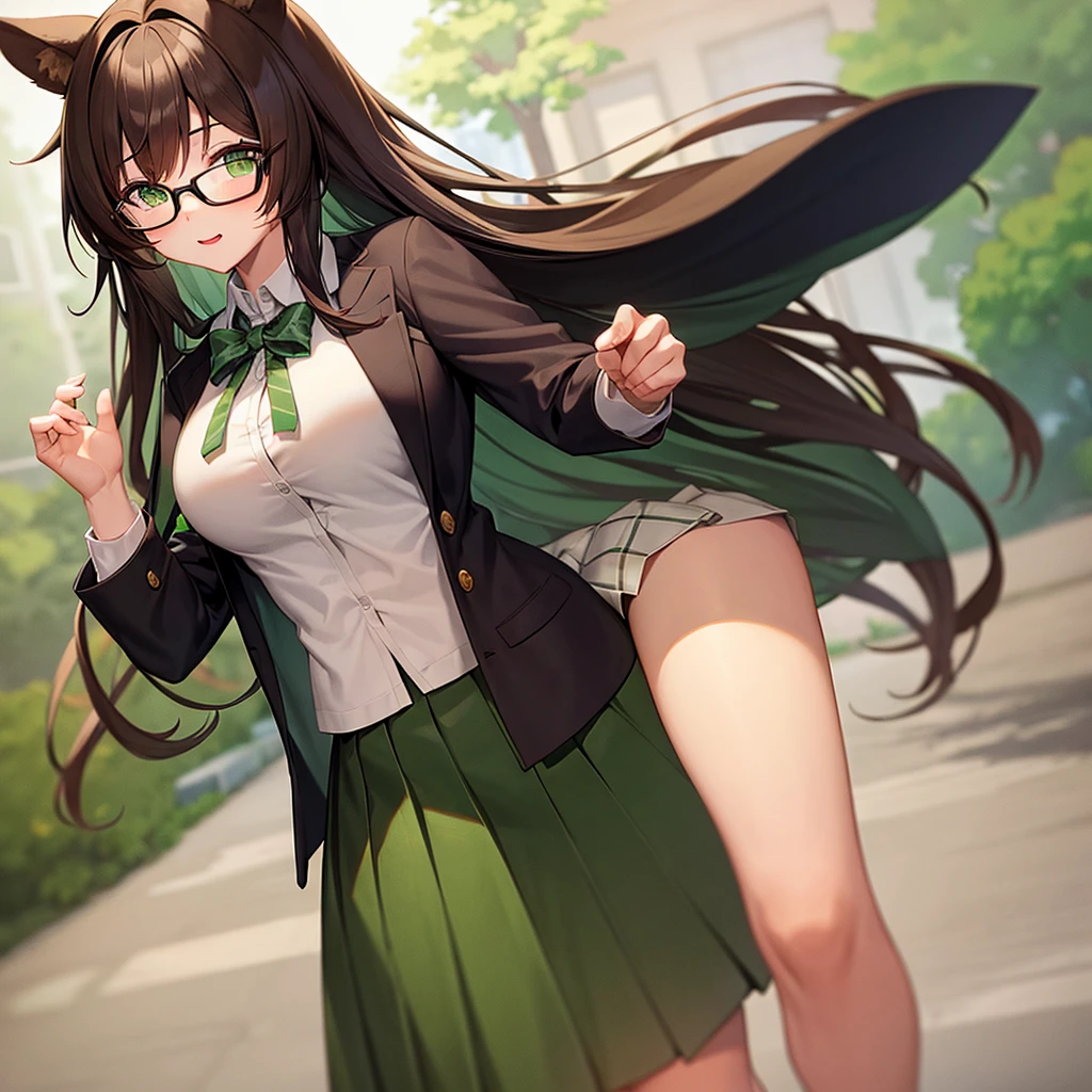 Dog girl student furry anime brown hair green eyes big breasts loose student uniform glasses long skirt loose jacket 