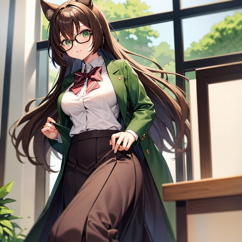 Dog girl student furry anime brown hair green eyes big breasts loose student uniform glasses long skirt loose jacket