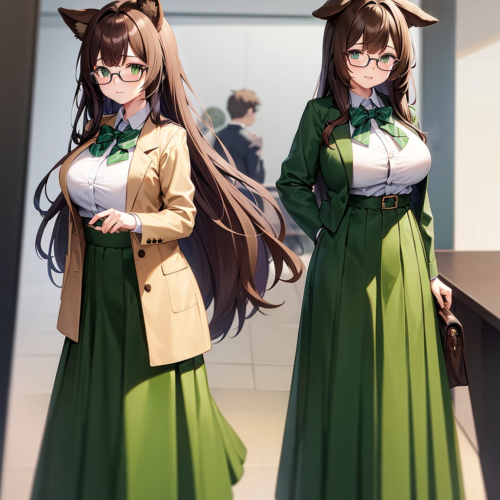 Dog girl student furry anime brown hair green eyes big breasts loose student uniform glasses long skirt loose jacket 
