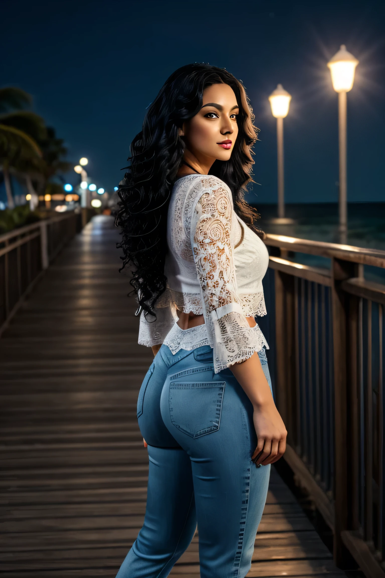 woman, long curly black hair, white lace top, blue denim pants, big butt, full body, looking at the camera, at night, on a boardwalk with an ocean view, photorealistic