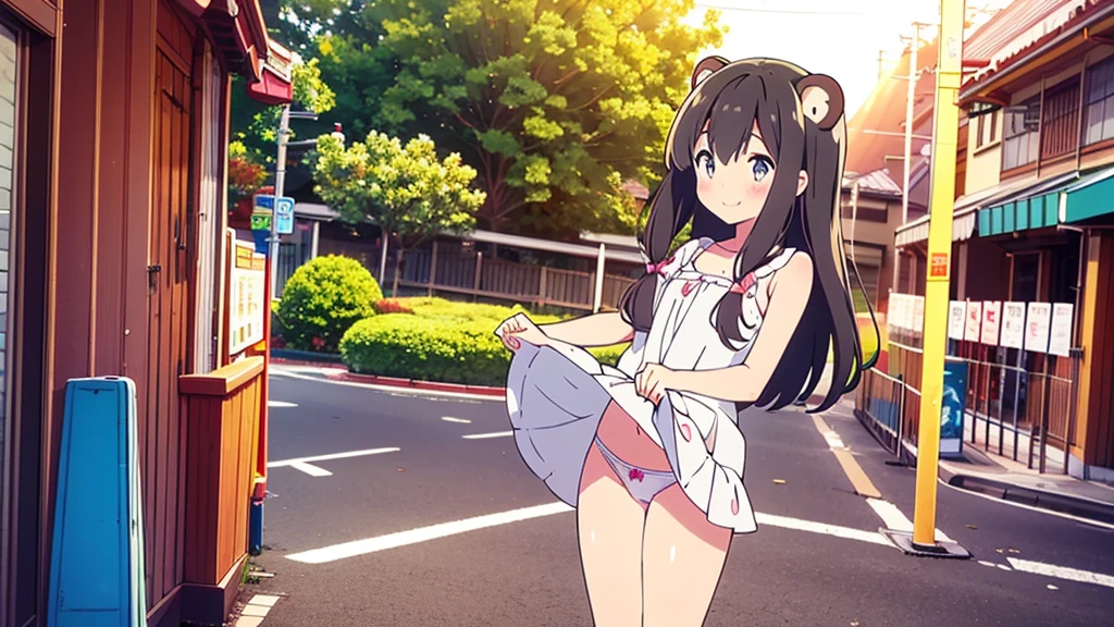 Tanuki girl, Tanuki, kawaii, On the streets of Tokyo, sunset, Sun rays, magical lighting, Akihabara, in cute short dress, undies visible, visible panties, smiling, blush, shy pose, kawaii traje, beautiful hair, looking away short skirt lifted show panties NSFW legs open