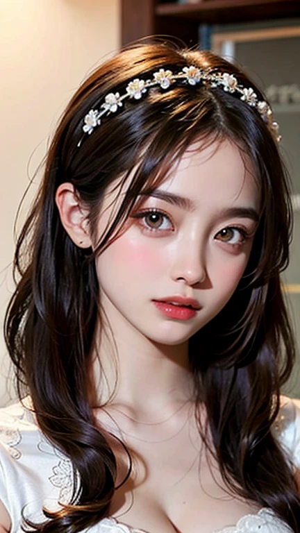 Beautiful woman with perfect figure：1.4，Layered Hairstyles，Protruding cleavage，lace headband：1.5，Highly detailed face and skin texture，double eyelid，Whitening the skin，collar((Full Body Shot))