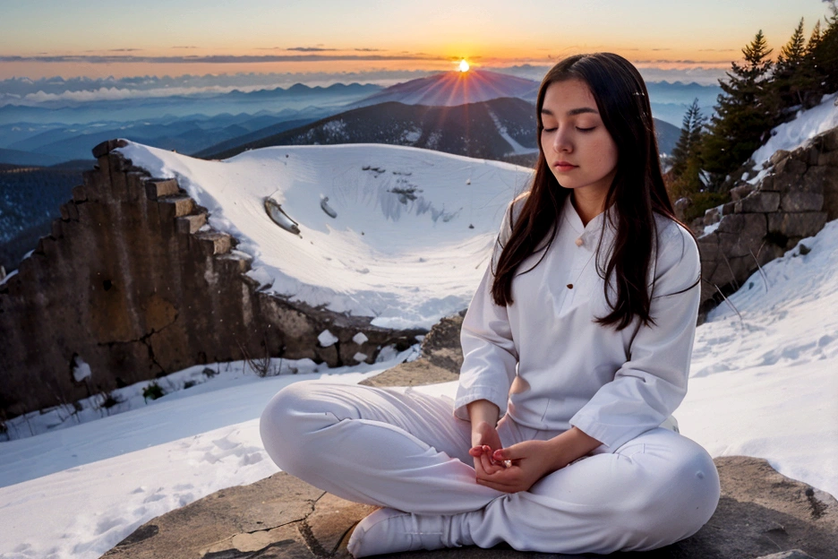 Young woman, Meditating on a mountain top,  White clothes, Sunrise behind the Ninja, Surrealism
