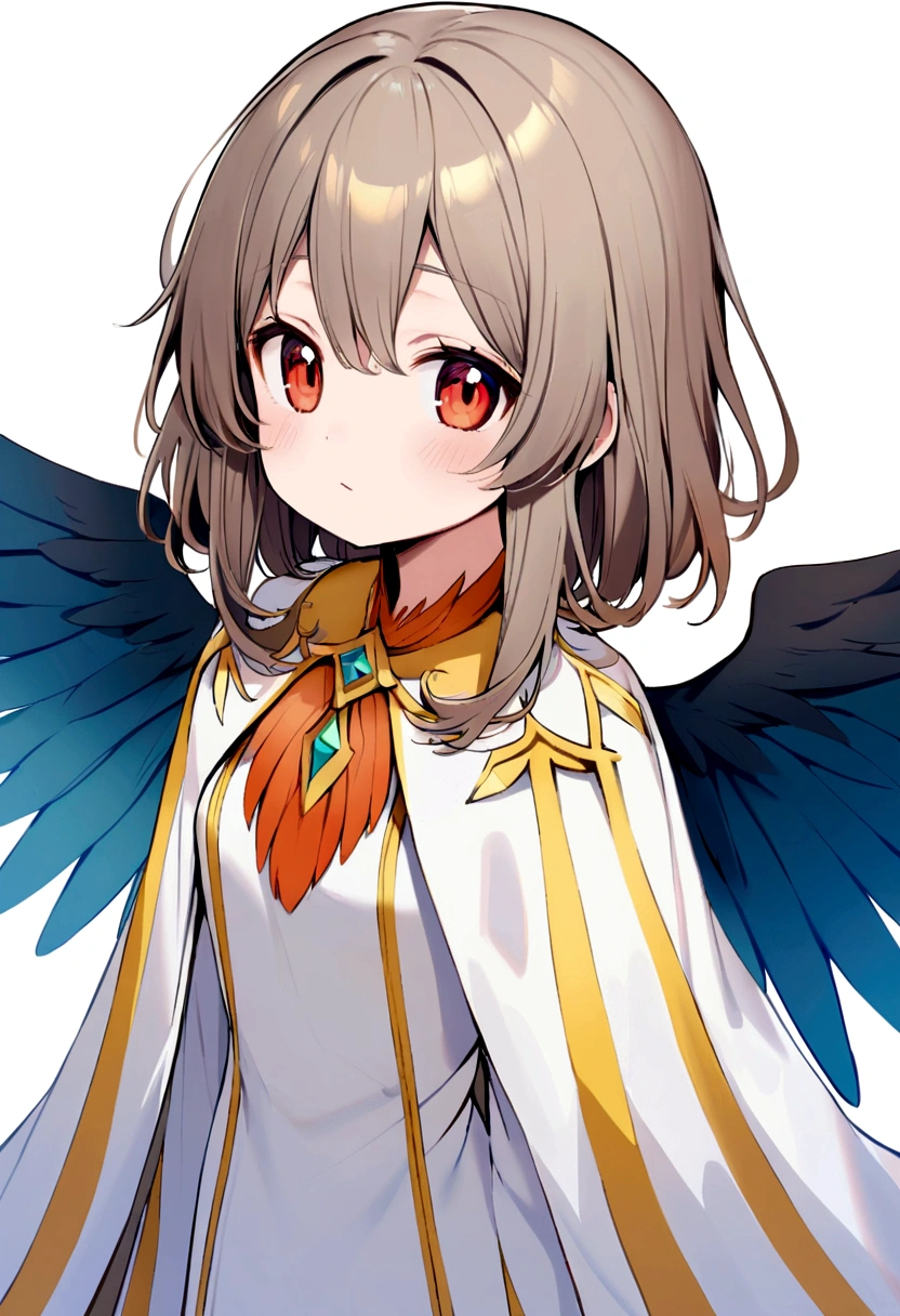 bird girl, white shoulder length hair, red eyes, orange feathered collar, white dress, blue wings instead of arms, small brown wings with yellow edges on shoulders