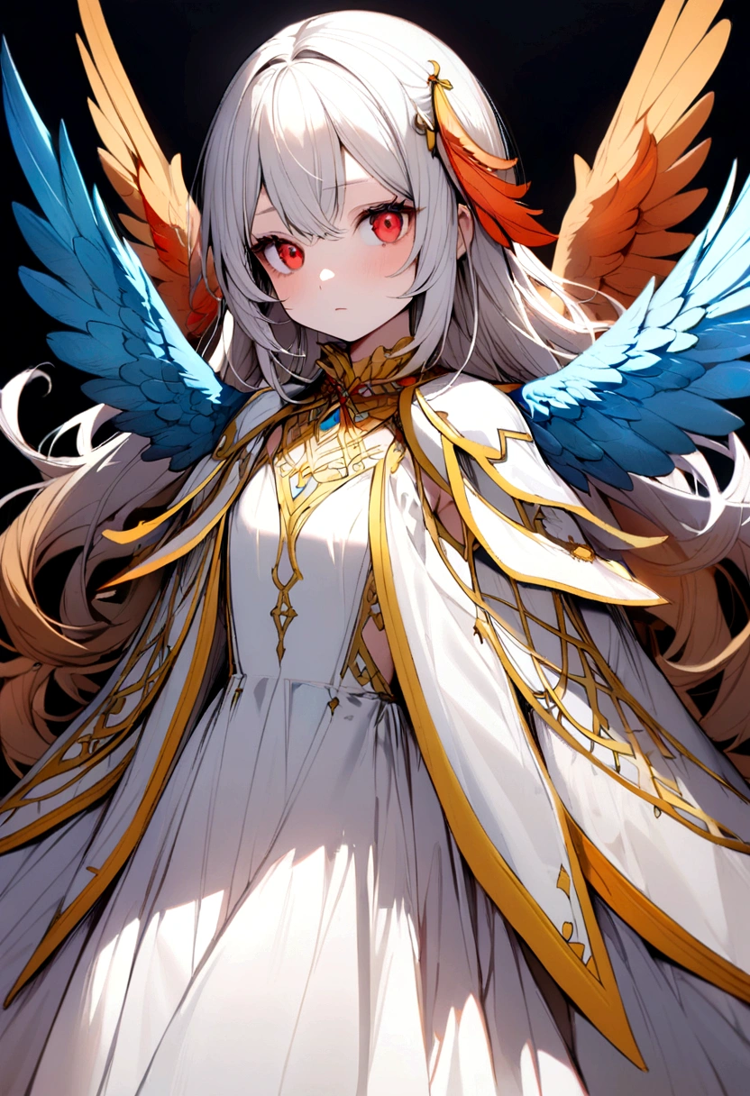 bird girl, white shoulder length hair, red eyes, orange feathered collar, white dress, blue wings instead of arms, small brown wings with yellow edges on shoulders