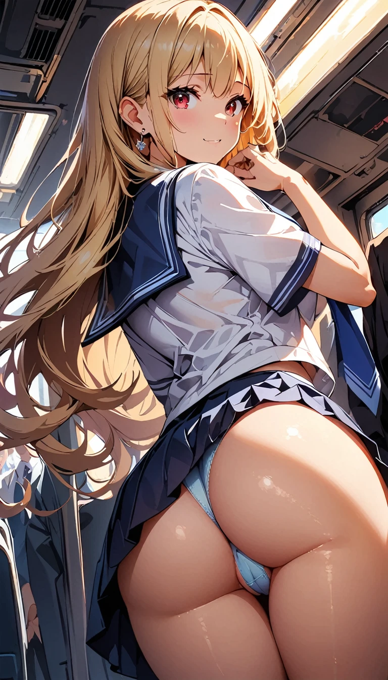 Highest quality,wonderful,finely,Very detailedな CG ユニティ 8k 壁紙、((Crowded train))、whole body, (Sailor suit), (Underwear with sheer fabric),(Beautiful ass:1.3),(Black Stockings:1.1),(Thighs:1.2),(Hip close-up shot:1.2),(Lean forward 1.2)、(From below:1.1)、(Open your ass yourself:1.2),　(Highest quality:1.2, Anime works, Very detailed, High detail, digital coloring, High Contrast, masterpiece:1.2, Highest quality, Best aesthetics), (((Kitagawa Marine, 1 Girl))), Blonde, Straight Long Hair, Pink gradient hair, Red eyes, Earrings, White shirt, Black Choker, Blue tie, Check skirt, Hands near the crotch、Scared