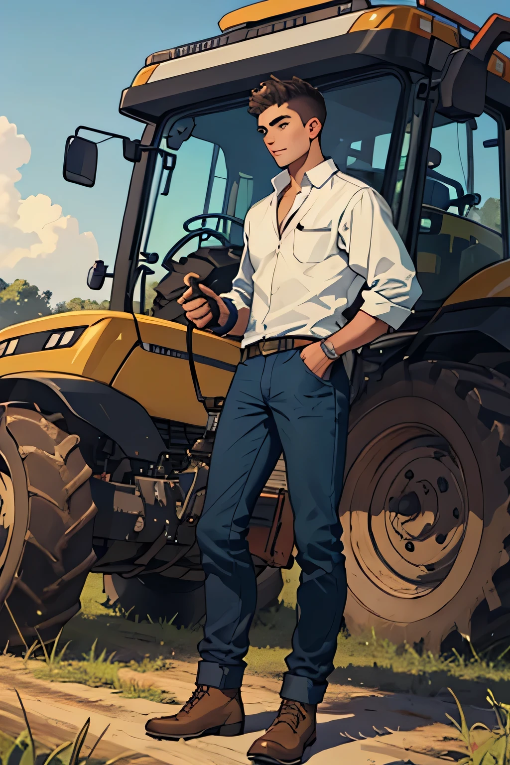 A confident young man, bright future, buisness, farmer, tractor, farmtrac tractor, shit on tractor, farmtrac 60