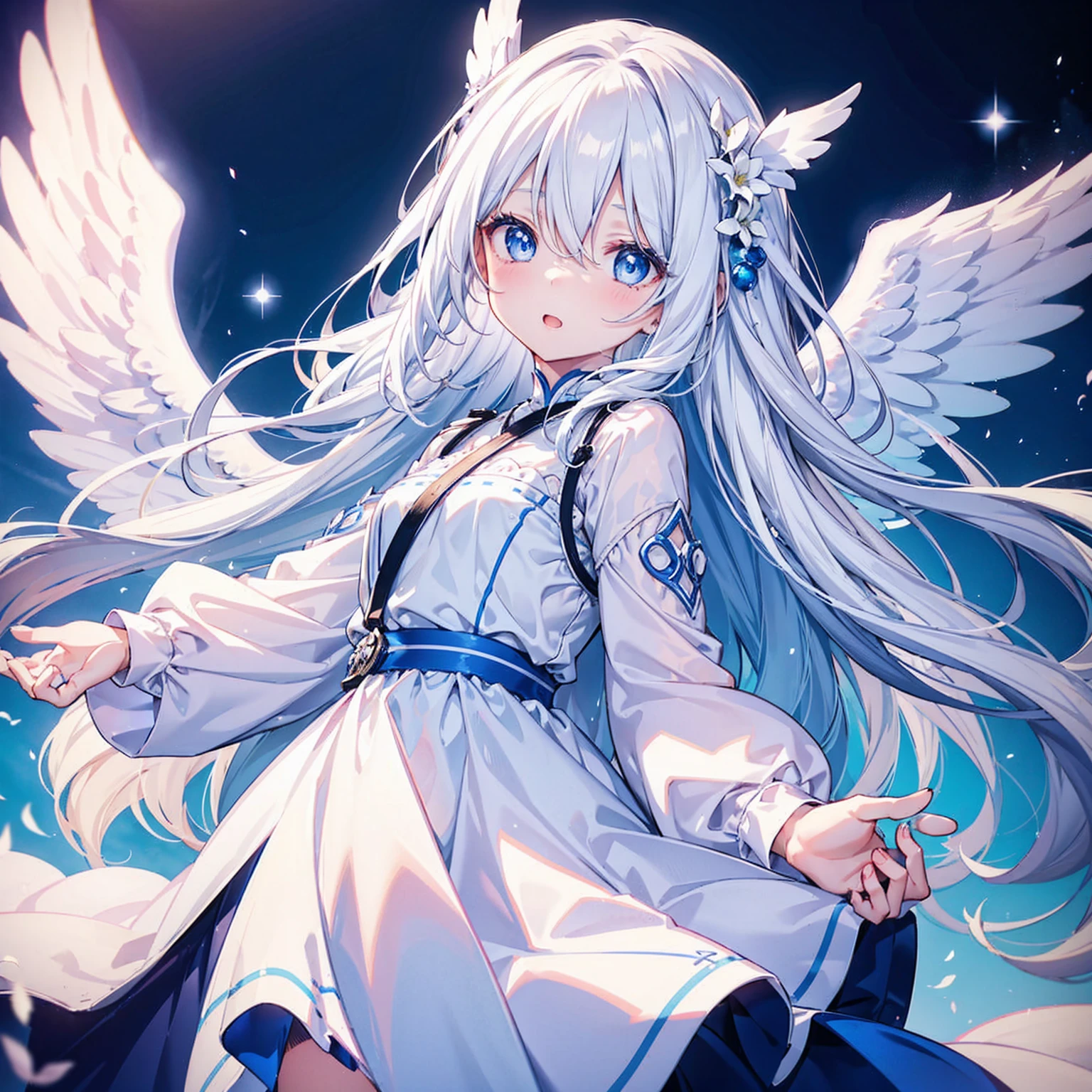 A pretty, cute girl with long white hair and blue eyes、14 Talents、Angel wings on the back、Mouth wide open and eyes wide open、comical、Bright expression、A pleasant surprise、A pure white dress, a current trend