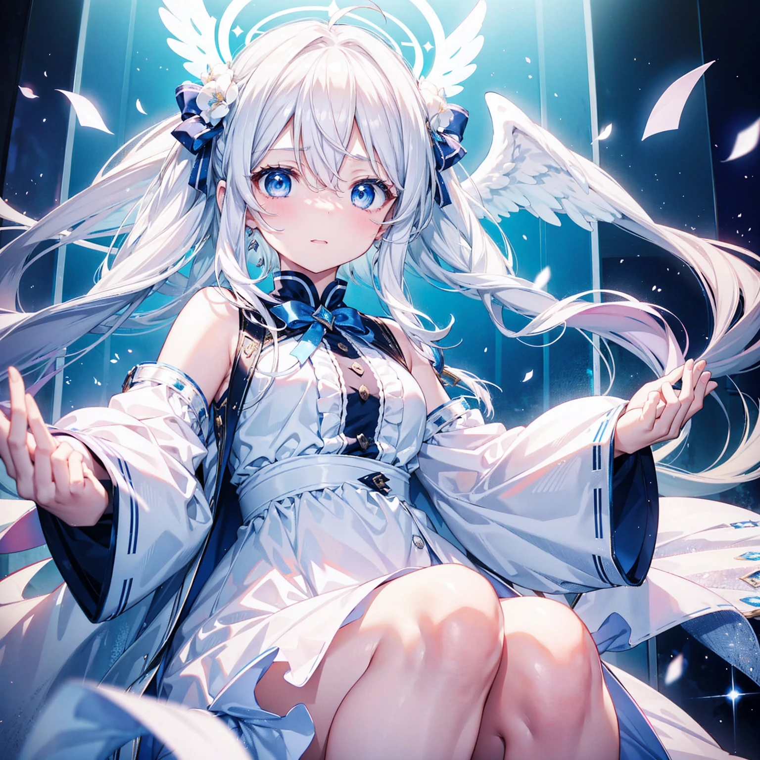 A pretty, cute girl with long white hair and blue eyes、14 Talents、Angel wings on the back、Mouth wide open and eyes wide open、comical、Bright expression、A pleasant surprise、A pure white dress, a current trend