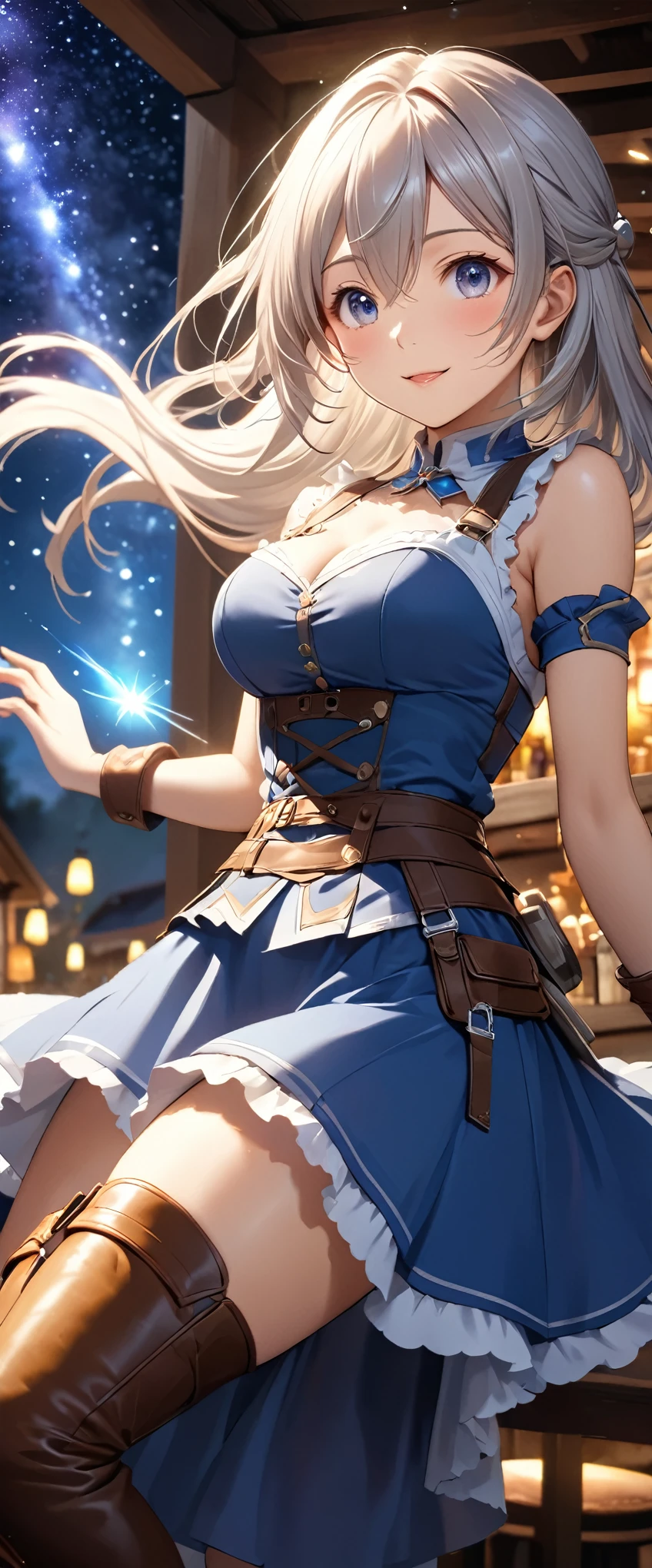 Highest quality, Super quality, 16K, Incredibly absurd, Very detailed, 2.5D, delicate and dynamic, Tavern, Small faint lights and flying fireflies, night, Starry Sky, milky way, nebula, shooting star, Extremely delicate facial expression, Delicate eye depiction, Upper body close-up, sole sexy lady, healthy shaped body, 22 years old lady, final fantacy xvi Jill Warrick, 170cm tall, big firm bouncing busts, white silver long hair, Jill Warrickのコスチューム, blue long skirt, brown leather long boots,