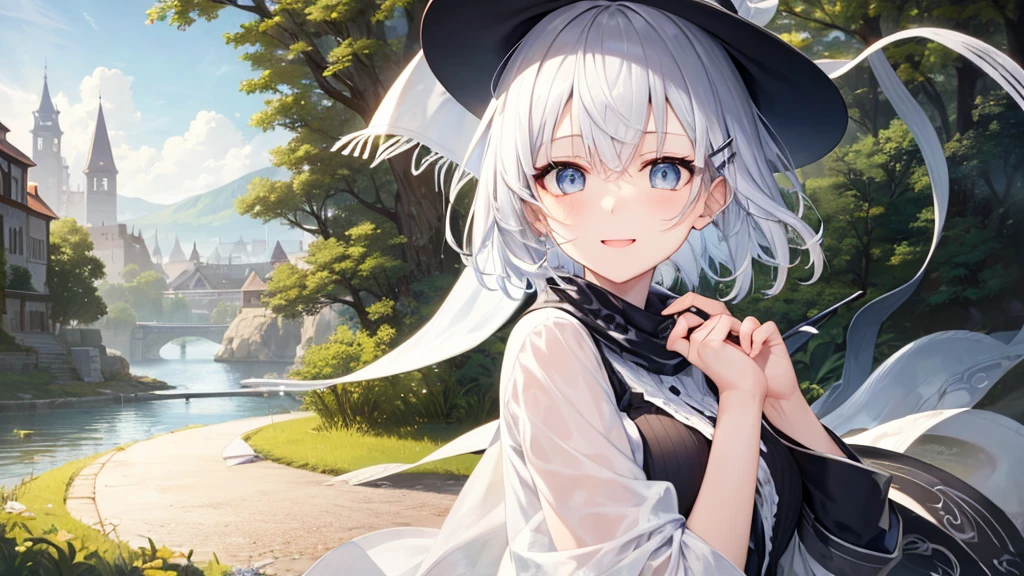 Her eyes were shining、Mysterious and enchanting atmosphere。With AI Painting、とてもShort Hair, Long bangs between the eyes, Very detailed,(masterpiece、Highest quality)、alone、Gray Hair、Fantasy, Silver Hair, Fantasyな風景、White shirt、smile、Open your mouth、Scarf、short hair、Short Hair、hairpin、black eye、Grey Eyes、Beautiful Eyes