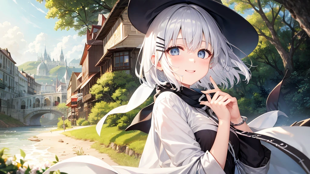 Her eyes were shining、Mysterious and enchanting atmosphere。With AI Painting、とてもShort Hair, Long bangs between the eyes, Very detailed,(masterpiece、Highest quality)、alone、Gray Hair、Fantasy, Silver Hair, Fantasyな風景、White shirt、smile、Open your mouth、Scarf、short hair、Short Hair、hairpin、black eye、Grey Eyes、Beautiful Eyes