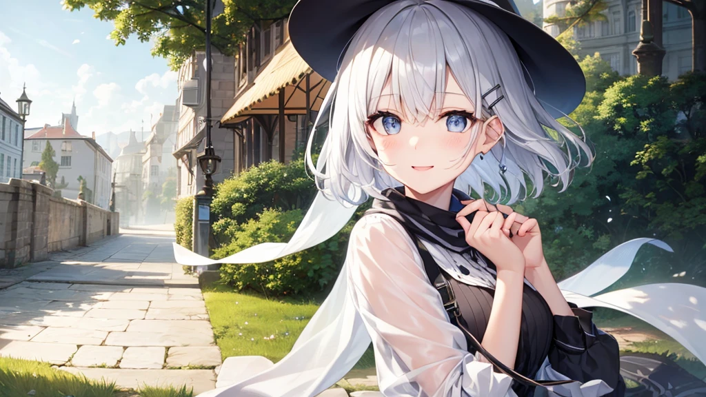 Her eyes were shining、Mysterious and enchanting atmosphere。With AI Painting、とてもShort Hair, Long bangs between the eyes, Very detailed,(masterpiece、Highest quality)、alone、Gray Hair、Fantasy, Silver Hair, Fantasyな風景、White shirt、smile、Open your mouth、Scarf、short hair、Short Hair、hairpin、black eye、Grey Eyes、Beautiful Eyes