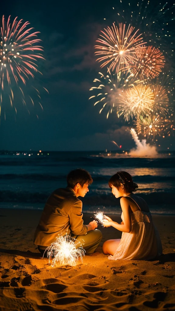 On a sandy beach in Japan on a summer night、Sitting on the sand、Two Japanese men and women watching fireworks。His back is turned towards me。Men and women in their late 20s, Men and women should not be too close。No body contact。
Detailed、8K、Works by professional photographers、wallpaper、Detailed Characters、detailed background、detailedLight、Delicate lighting、Nostalgic atmosphere、Film-like photo. The surroundings are dark, but the light from the fireworks spreads beautifully. Fireworks are golden。There are no fireworks on the ground。The fireworks are large