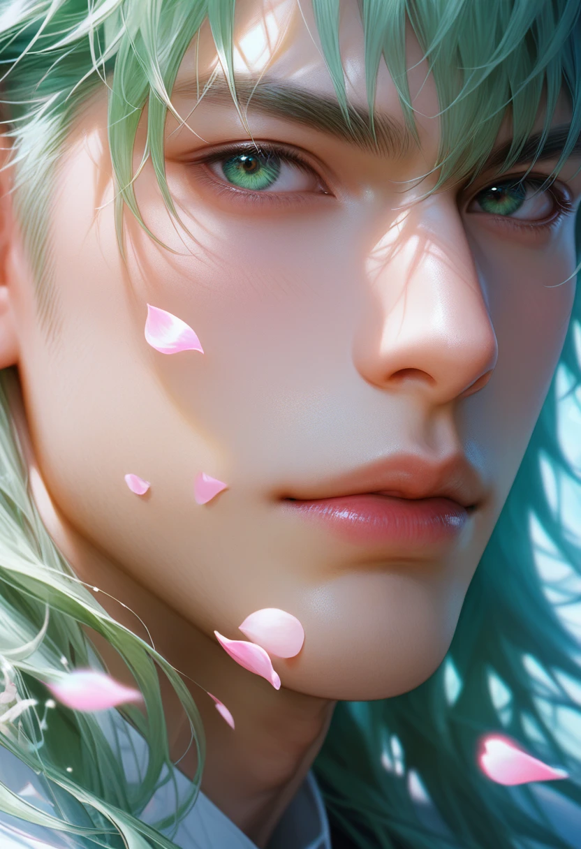 score_9, score_8_up, score_7_up, handsome korean man's profile picture, light green long hair with bangs, light blue petals on cheeks, realistic skin texture, detailed picture, close-up, HD32k