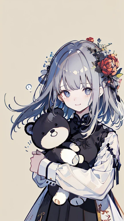 ((unified 8k wallpaper, highly detailed, masterpiece, best quality)), (Soft colors),one girl, girl holding a teddy bear, Gray Hair,Shortcuts, Bright-eyed girl, Laughter, hair ornaments, Few,  Side Lock, Large oval eyes,Flat avatar, Laughter, head shot, Simple Background, China dress,Chinese Bang Black Long Hair,Pan cover