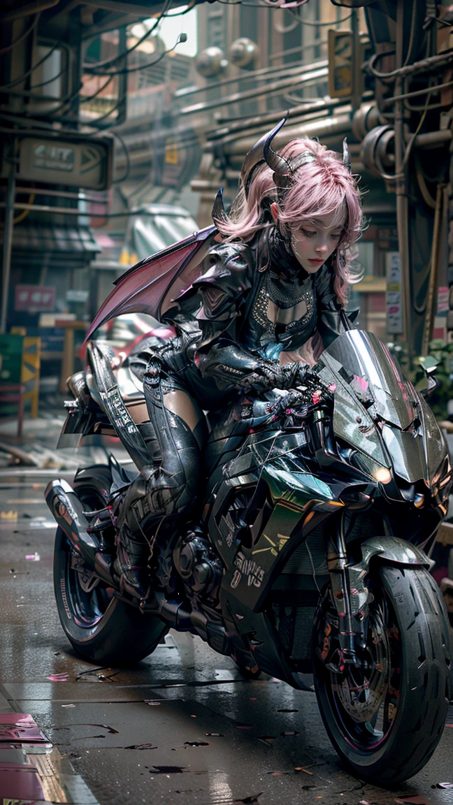 ((best quality)), ((masterpiece)), ((realistic)), (detailed), (photorealistic:1.5), (((succubus ))),((beautiful face, sharp face)), (thick body), (pink bodysuit), lights on armor, ((looking at viewer)), dynamic pose, post apocalyptic, destroyed city background, buildings on fire, science fiction, hdr, ray tracing, nvidia rtx, super-resolution, unreal 5, subsurface scattering, pbr texturing, post-processing, anisotropic filtering, depth of field, maximum clarity and sharpness, rule of thirds, 8k raw, (luminescent particles:1.4), (extremely detailed cg, unity 8k wallpaper, 3d, cinematic lighting, lens flare), reflections, sharp focus, cyberpunk art, cyberpunk architecture,((ride motorbike))