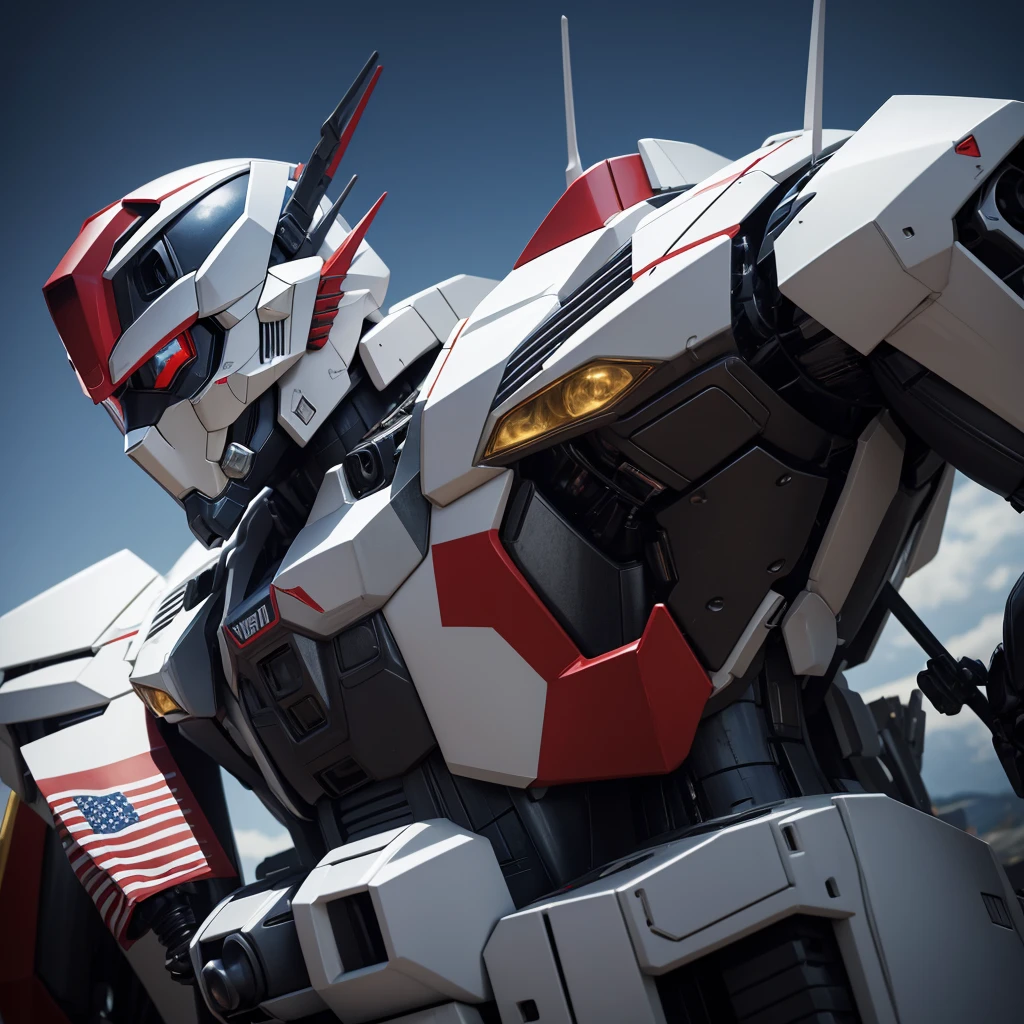 Hyper-realistic Gundam-inspired mecha embodying Japan's essence. Armor design blends futuristic technology with national aesthetics. Colors reflect the flag. Head and chest feature iconic symbols. Shoulder pauldrons showcase cultural artwork. Weapons shaped like famous landmarks. Background hints at recognizable landscapes. Dramatic lighting emphasizes metallic textures and patriotic colors. Pose evokes renowned artwork or historical figures. The mecha exudes national pride and power