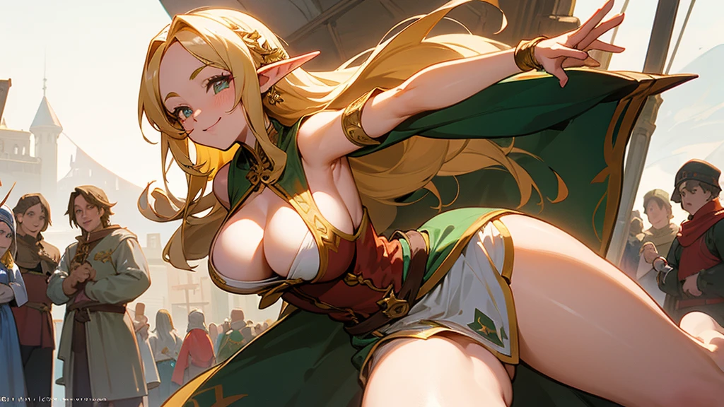 Anime Style,Nostalgic,Detailed background,The medieval world,A bustling ship with many people,Smiling bard beautiful elf girl,Large Breasts,Healthy thighs,Underarm