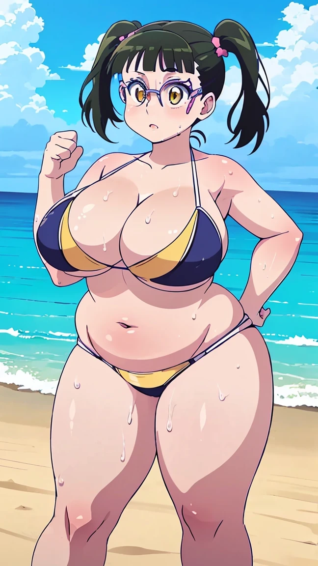 high quality、high resolution、Masterpiece、nikuko(galko),twintail,black hair,chuby,plump,wide hip,thick tighs,eye glasses,yellow eyes,gigantic breasts,(bikini,beach,blush,sweat,dynamic pose:1.1)