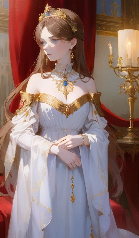 Fantasy, 19th century, empress, woman, delicate face, pale brown long hair, blue eyes, in a white royal dress with open shoulders, gold patterns on fabric, crystal jewelry, with a scarlet ribbon over the shoulder with the regalia of the monarch, Gothic castle made of white stone on the background, light, day, hd