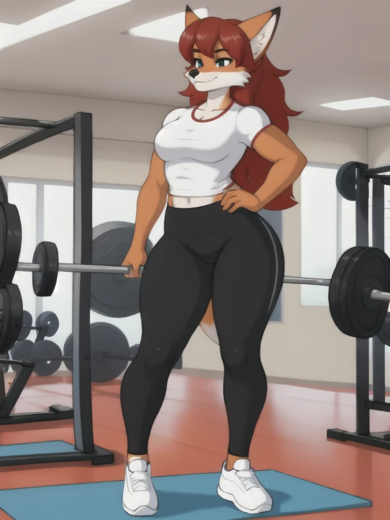 Furry, fox, female, white shirt, black leggings, shoes, gym, teen, standing, full body