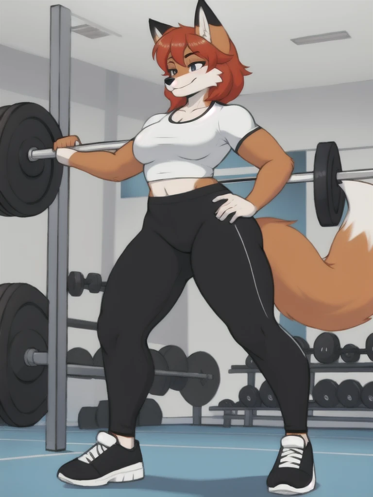 Furry, fox, female, white shirt, black leggings, shoes, gym, , standing, full body