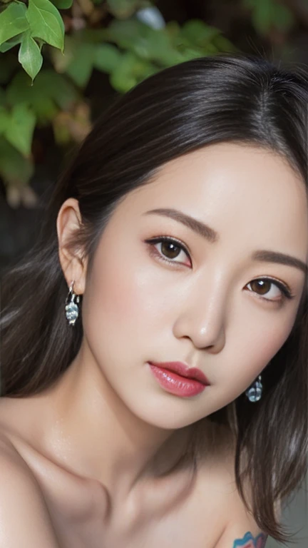 Anime-style woman, thin, thin, whole body, Full of tattoos, Lots of earrings, Beautiful and shiny hair, Rainbow Eyes, Slanted Eyes, Wavy silver hair, Kind and charming, shoulderを露出させる, 繊細でセクシーなclavicle, Attractive oval face, double eyelid, Pink Lips, Small Nose, Concentrated face, Ultra-high resolution, Very detailed, Graceful posture, Nice,beach,Beautiful sea,,ultra-thin,arm,shoulder,clavicle,chest,Dark ruby Marquises tribal tattoo body paint on genitals, Glowing Skin, Realistic Background, sunlight
