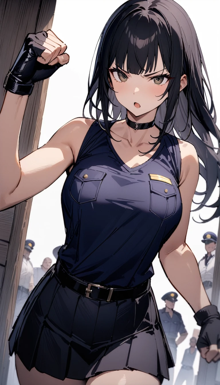 ((Highest quality)), ((masterpiece)), (detailed),cowboy shot , Rin々Policewoman　small breasts 　Mature Woman, ((A white sleeveless U-neck T-shirt with a black sleeveless western shirt style police uniform over it)),　Black choker,((clavicle))、Black long hair　Blunt bangs　black pleated mini skirt　black fingerless gloves　V-shaped eyebrows　Combat Stance　Black Belt　Clenched fist　Old tavern