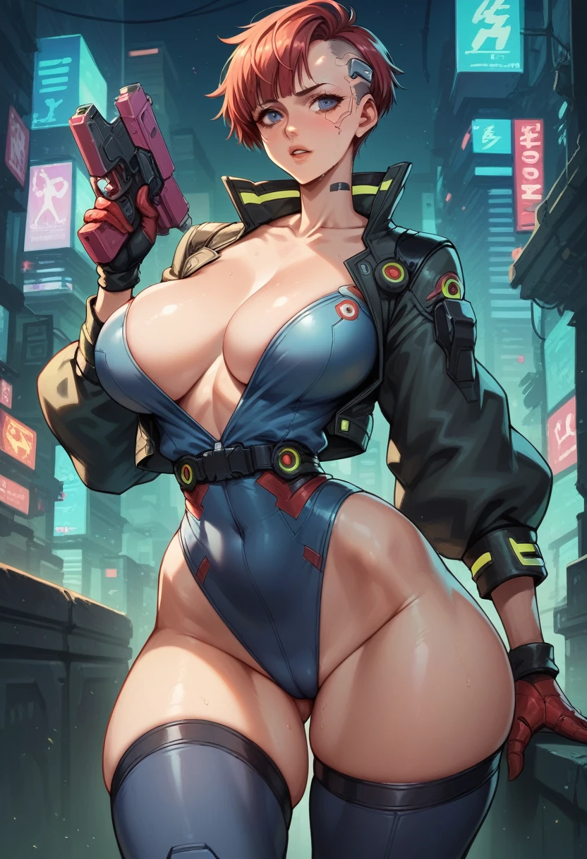 makoto from the persona games, big breasts, big butt, tiny waist, cyberpunk